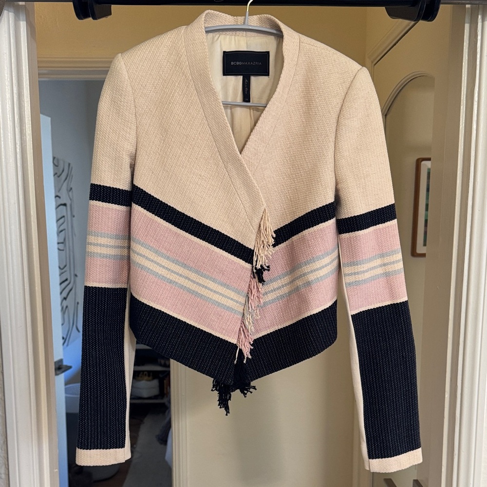 BCBGMaxAzria Women's Black and Cream Cardigan with Pink Accents